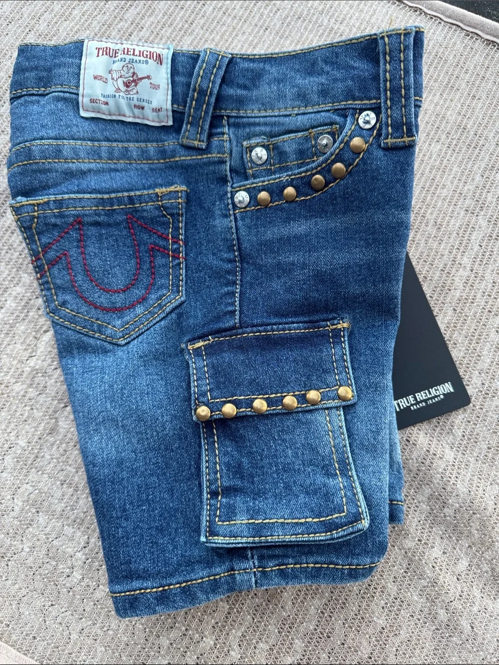 True Religion Blue Denim Cargo Shorts with Brass Studs